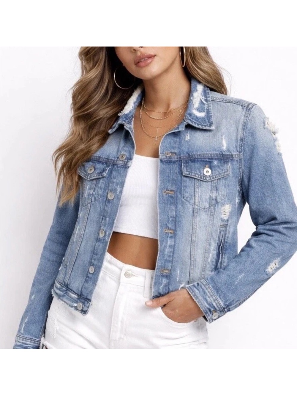 Zara Womens Jean Jacket Small Denim Button Up Ripped Distressed Country Cowgirl